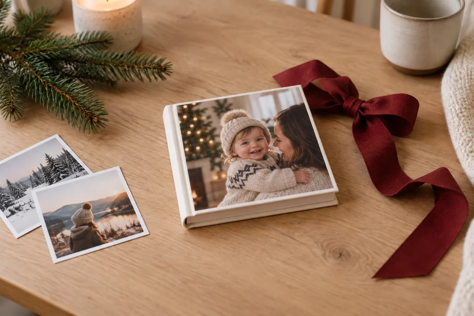 Editorial personalized board book with a parent and toddler photo on the cover beside a burgundy ribbon and fir sprig