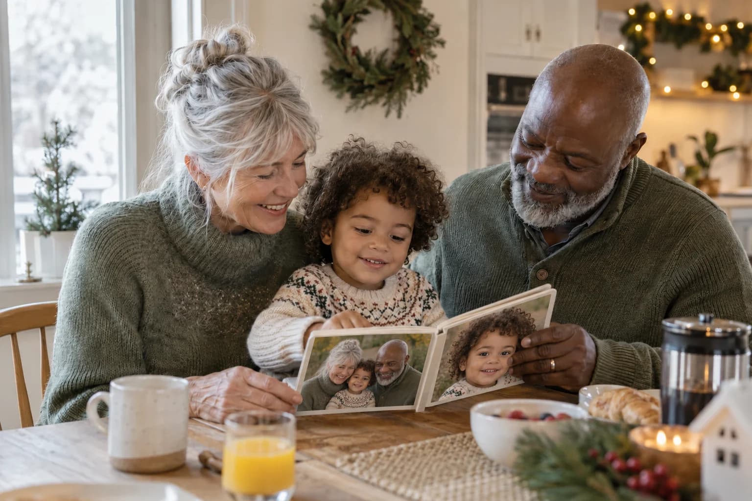 Grandparents and a child reading a personalized board book with the child and family photos printed on its covers